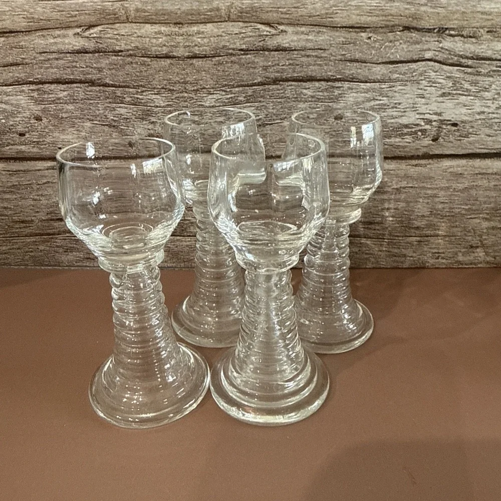Vintage Hand Blown Glass 4 Pcs Hollow Stem Ribbed Roemer Style Cordial Glasses